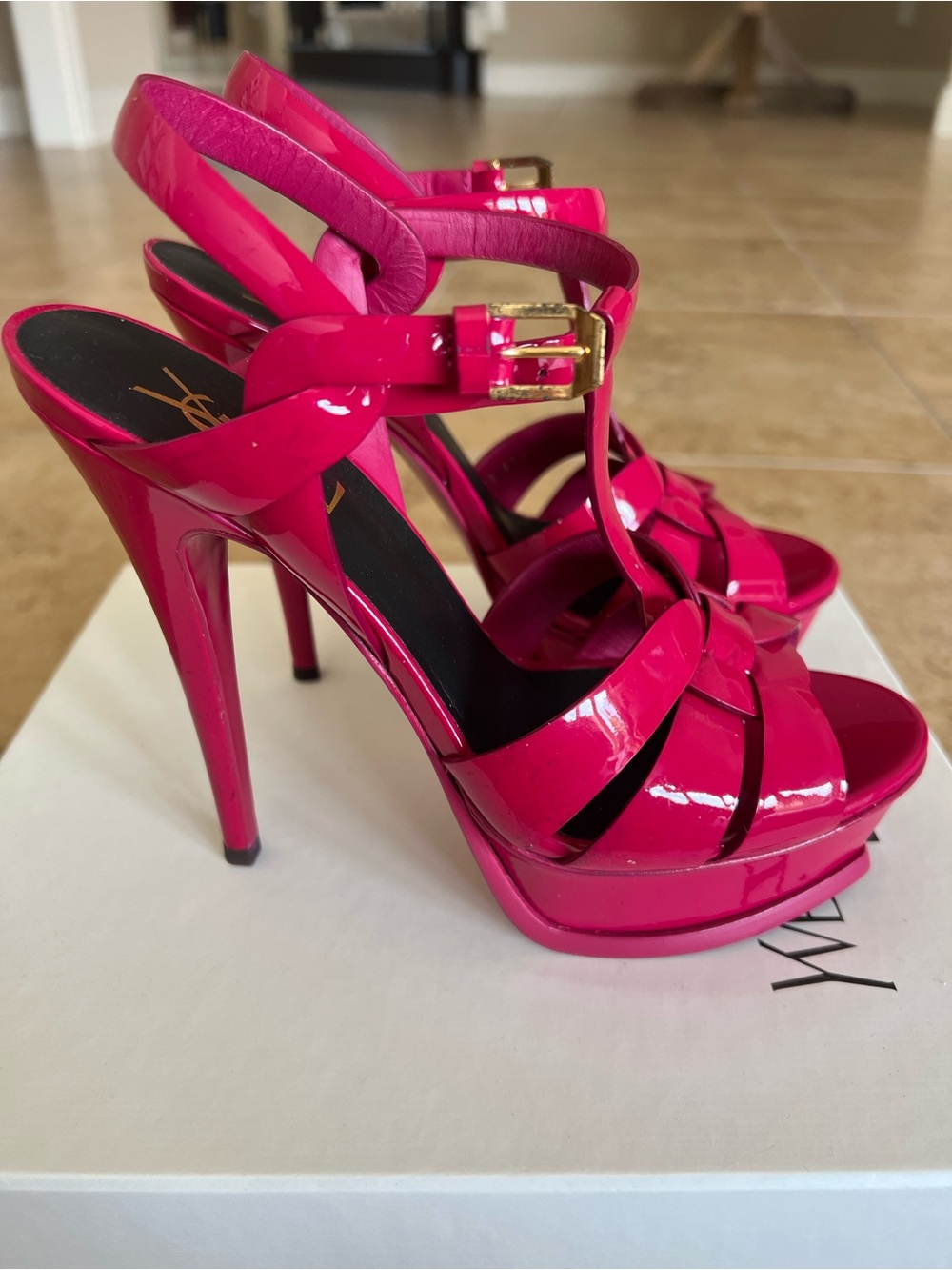 Yves Saint Laurent Hot Pink Patent Platform Stiletto Sandals